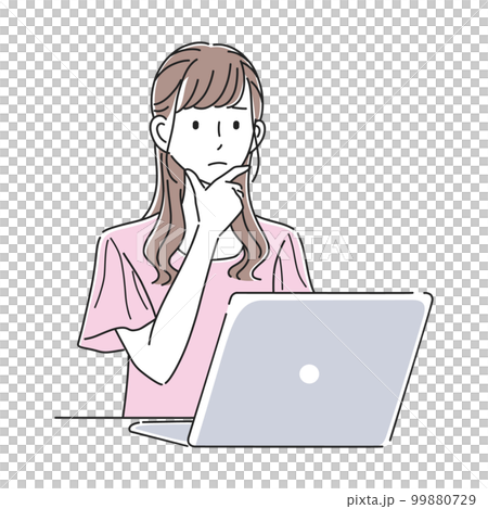 ノートパソコンの前で困った表情をする女性のイラスト素材 99880729