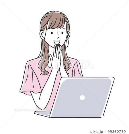 ノートパソコンの前で喜ぶ女性のイラスト素材 99880730