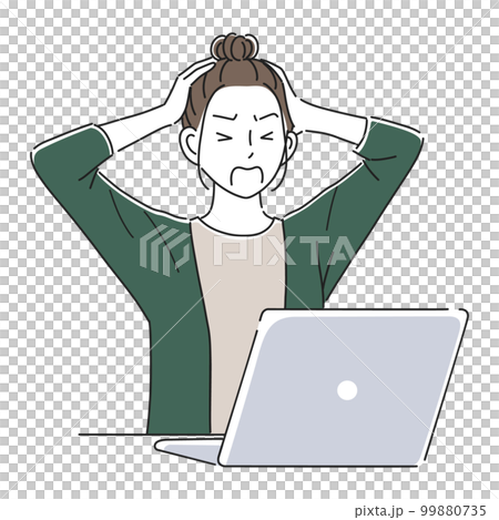 一個女人在筆記本電腦前抱頭的插圖素材 99880735