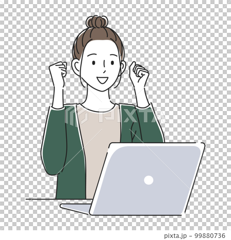 一個女人在筆記本電腦前做膽量姿勢的插圖素材 99880736