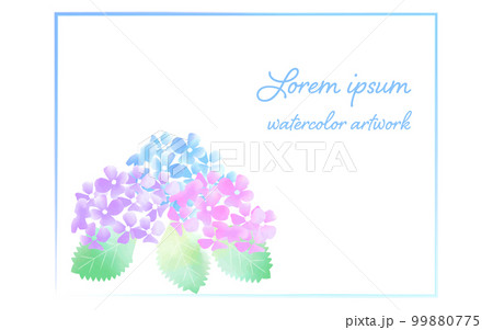 水彩タッチのグラデーションカラーのあじさいと水彩で描いた線のフレームイラスト 99880775