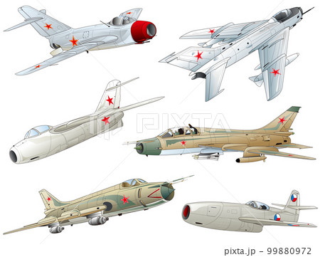 創世記から第1世代を彩ったロシア（旧ソ連連邦）のジェット戦闘機6機首のvectorイラスト集。 99880972