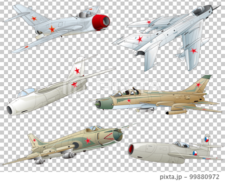 從創世紀到第一代的俄羅斯（前蘇聯）噴射戰鬥機的六個鼻子的向量插圖集。 99880972