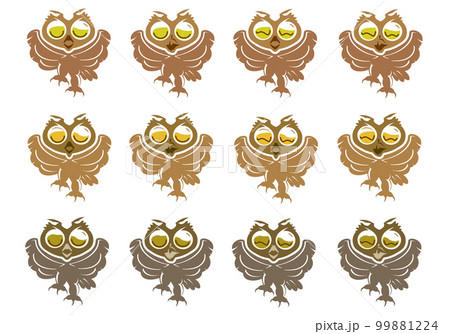ミミズクが羽ばたく姿に12種類のおもしろい表情をしたキャラクターアイコンイラスト集。 99881224