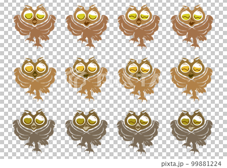 ミミズクが羽ばたく姿に12種類のおもしろい表情をしたキャラクターアイコンイラスト集。 99881224