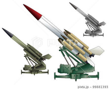 地対空迎撃ミサイル発射装置のイメージイラスト（カラー2種、モノクロ計3色セット）。 99881393