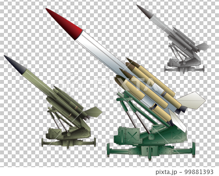地対空迎撃ミサイル発射装置のイメージイラスト（カラー2種、モノクロ計3色セット）。 99881393