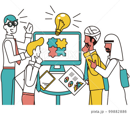 商談を行う男性のビジネスパーソンとインド人、アラブ人、欧米人の男性 商談を行う男性のビジネスパーソンとインド人、アラブ人、欧米人の男性 99882886