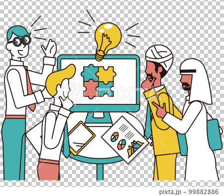 商談を行う男性のビジネスパーソンとインド人、アラブ人、欧米人の男性 商談を行う男性のビジネスパーソンとインド人、アラブ人、欧米人の男性 99882886