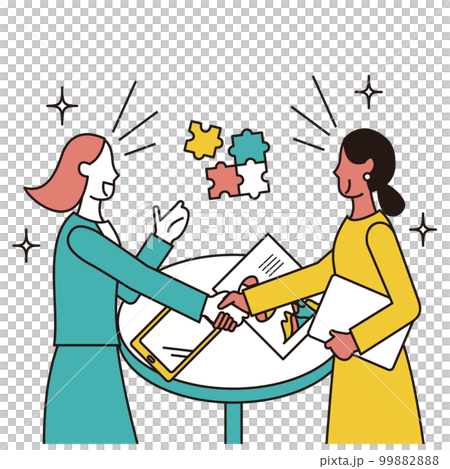 A female business person and an Indian woman who shake hands to conclude a business deal 99882888