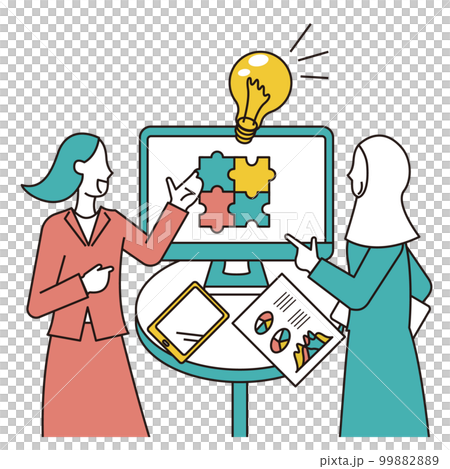 A female business person and an Arab woman having business talks in front of a monitor 99882889
