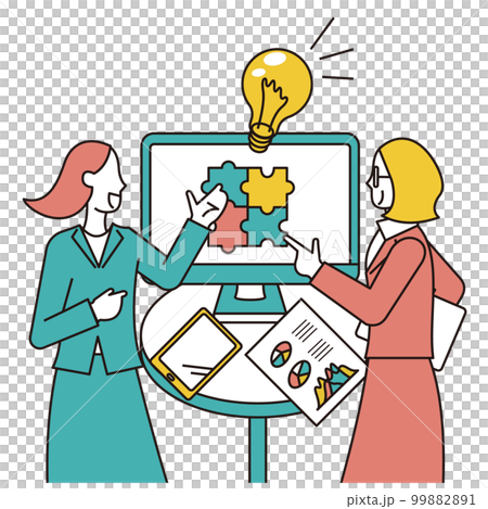A female business person and a Western woman having business talks in front of a monitor A female business person and a Western woman having business talks in front of a monitor 99882891