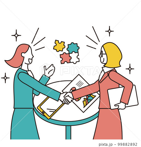 商談成立で握手を行う女性のビジネスパーソンと欧米人の女性 99882892