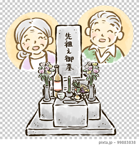 Hand-drawn illustration of a Buddhist-style grave and smiling ancestors Hand-drawn illustration of a Buddhist-style grave and smiling ancestors 99883838