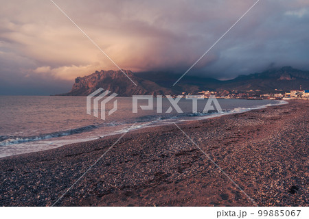 View of beach and mountain Kara Dag at morning. Koktebel. Crimea 99885067