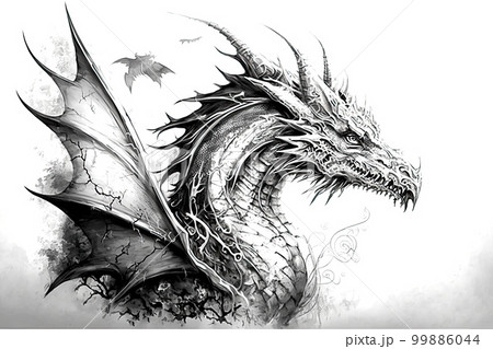 abstract black and white drawing of a dragon's head and wing, side view abstract black and white drawing of a dragon's head and wing, side view 99886044