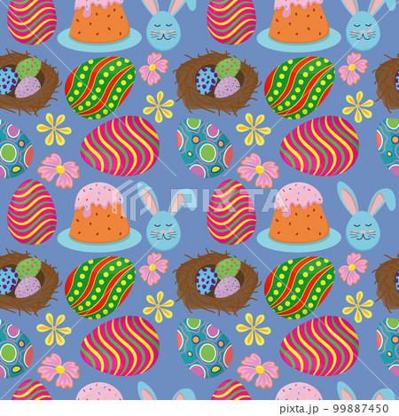 pattern image for happy easter holiday with elements of eggs, flowers, rabbit, eggs in a nest, easter cake 99887450