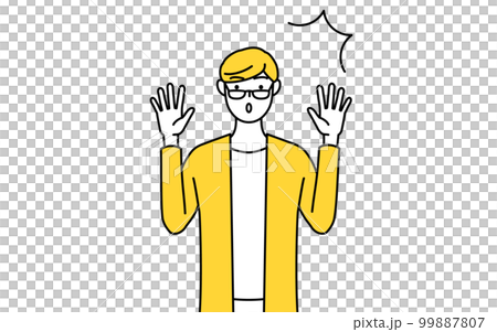 Casually dressed young man raising his hand in surprise Casually dressed young man raising his hand in surprise 99887807