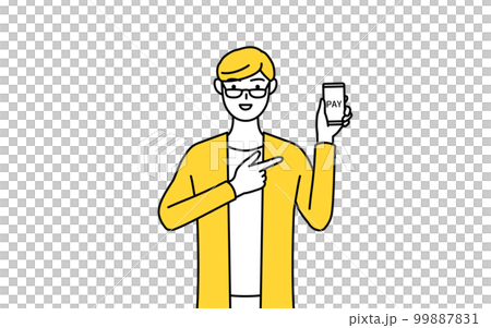 A young man in casual clothes who recommends cashless and online payment with a smartphone 99887831