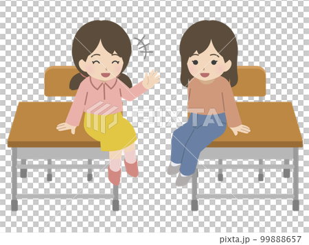 A girl sitting on a desk instead of a chair 99888657