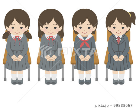 椅子に座って並ぶ女児 制服 椅子に座って並ぶ女児 制服 99888667