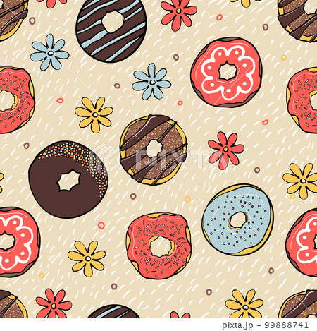 Donut seamless pattern. Different cartoon donuts and flower. Doodle vector illustration 99888741