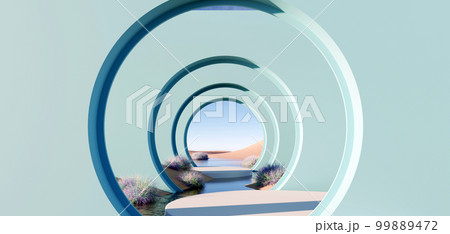 3d render Surreal pastel landscape background with geometric shapes, abstract fantastic desert dune in seasoning landscape with arches, panoramic, futuristic scene with copy space, blue sky and cloudy 99889472
