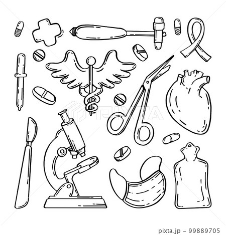 Medical pharmaceutical hospital device set of drawings. Vector illustration of medical equipment, hand drawn Medical pharmaceutical hospital device set of drawings. Vector illustration of medical equipment, hand drawn 99889705