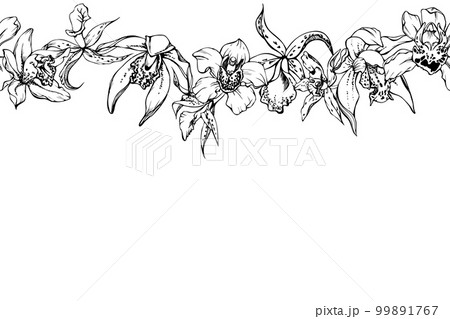 Hand drawn vector ink orchid flowers and branches, monochrome, detailed outline. Horizontal seamless banner. Isolated on white background. Design for wall art, wedding, print, tattoo, cover, card. Hand drawn vector ink orchid flowers and branches, monochrome, detailed outline. Horizontal seamless banner. Isolated on white background. Design for wall art, wedding, print, tattoo, cover, card. 99891767
