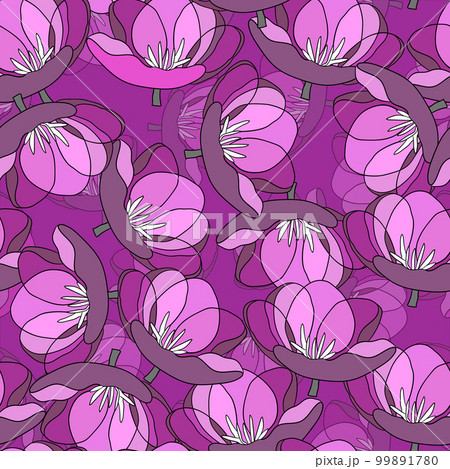 Spring colorful vector illustration with tulips. Cartoon style. Design for fabric, textile, paper. Holiday print for Easter, Birthday, 8 March. Flowers with leaves 99891780