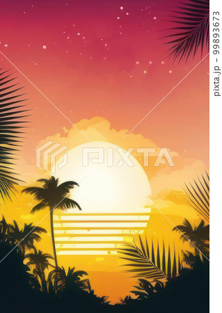Summer card poster flyer invitation card. Tropical background with palms, sky and sunset. 99893673