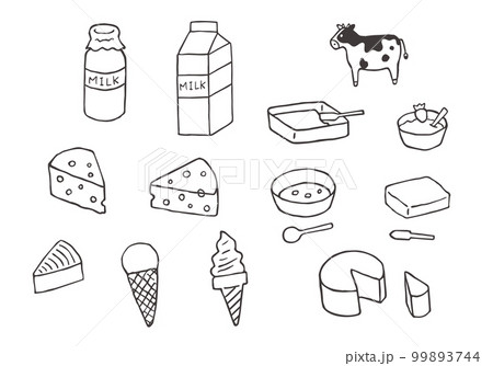 牛乳・乳製品の手描きイラストセット（モノクロ） 99893744
