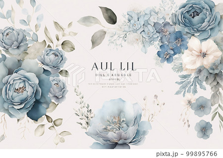 Generative AI. Watercolor Dusty Blue Floral Clipart Set with Roses for Weddings Designs 99895766