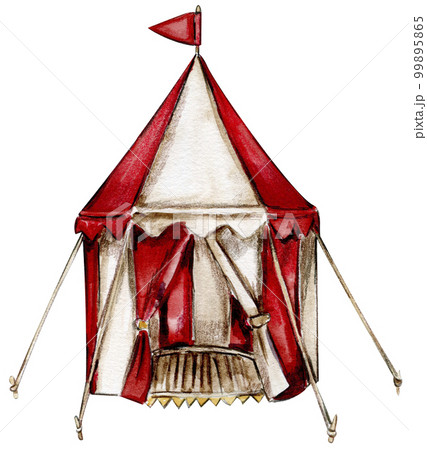 Watercolor hand drawn red circus tent vintage style. Perfect for wedding, invitations, blogs, card templates, birthday and baby cards, patterns, quotes. isolater on white background. 99895865