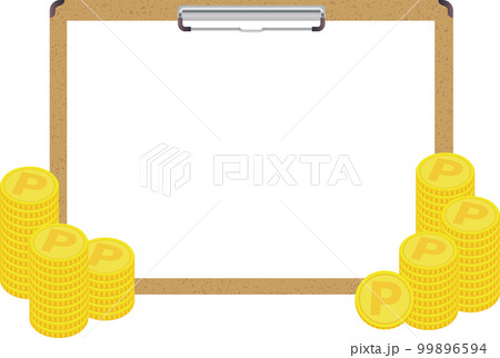 横向きのバインダー、署名板の前に積み上げたたくさんのコイン 横向きのバインダー、署名板の前に積み上げたたくさんのコイン 99896594