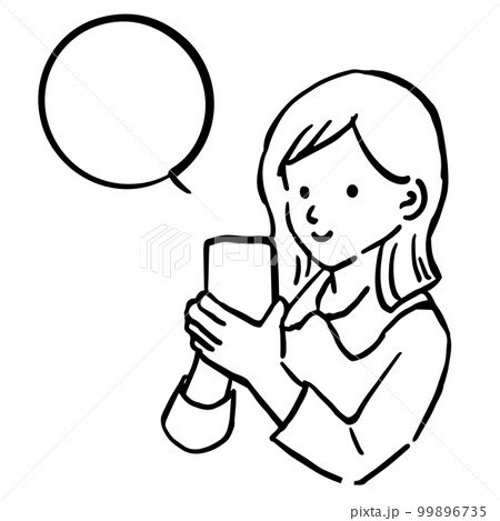 スマホを操作する女性のシンプル線画イラスト＿吹き出しあり 99896735