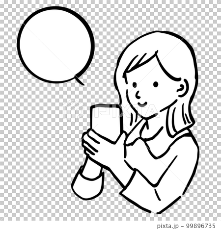スマホを操作する女性のシンプル線画イラスト＿吹き出しあり 99896735