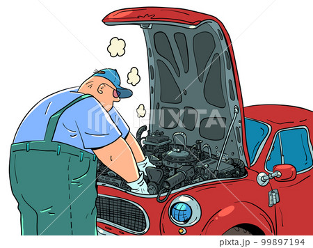 A man in uniform repairs a car. auto repair shop garage A professional works in a car service. Maintenance for driver safety. 99897194