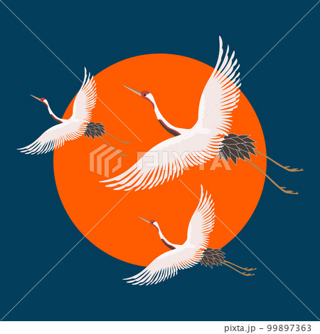 White flying cranes on the sky with the moon. Poster, postcard, vector 99897363