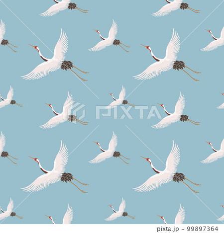 Seamless pattern, white flying cranes on a blue sky background. Background, textile, wallpaper, vector 99897364