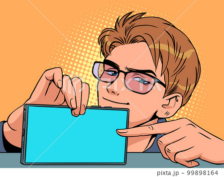 A man with glasses points to the screen of a smartphone. Proposal of a new function, product, service. To promote your offers. Pop Art Retro A man with glasses points to the screen of a smartphone. Proposal of a new function, product, service. To promote your offers. Pop Art Retro 99898164