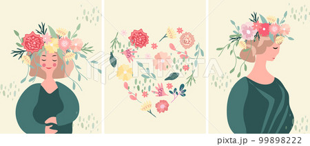 Bright women in a wreath of colored flowers and leaves, floral heart. The concept of happiness, joy, holiday. Ideal for greeting cards, cards, banners, posters. Vector graphics. 99898222