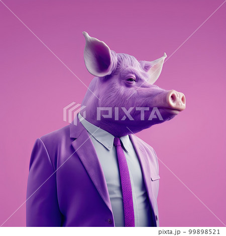 Fashion boar pig in suit and tie. Purple monochrome portrait. Pop art modern style and lifestyle concept. Contemporary art, creative idea. Generative AI Fashion boar pig in suit and tie. Purple monochrome portrait. Pop art modern style and lifestyle concept. Contemporary art, creative idea. Generative AI 99898521