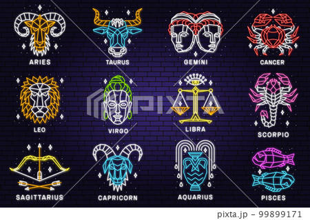 Set of zodiac astrology horoscope neon sign linear design. Vector illustration. Elegant line art symbol or icon of leo, libra, gemini, capricorn, sagittarius, virgo, cancer, aquarius, pisces, aries 99899171