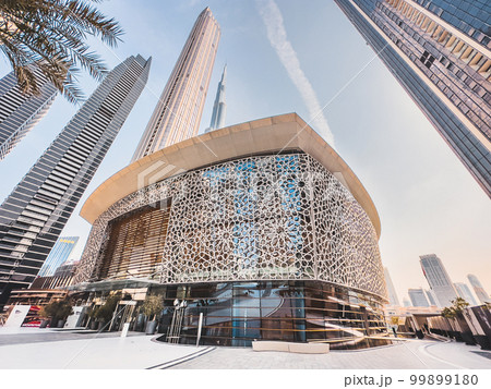 Dubai Opera house in Downtown Dubai, surrounded by skyscrapers and Burj Khalifa, in UAE, United Arab 99899180