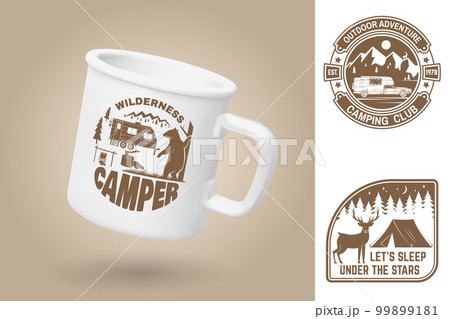 White camping cup. Realistic mug mockup template with sample design. Vector 3d illustration. Wilderness camper. Quotes about camping with tent, mountains, campfire, camper rv and forest silhouette. 99899181