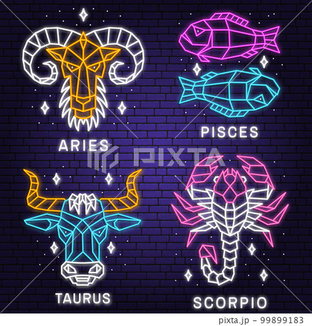 Set of zodiac astrology horoscope neon sign pisces, aries, scorpio, taurus linear design. Vector illustration. Elegant line art symbol or icon of pisces, aries, scorpio, taurus esoteric zodiacal Set of zodiac astrology horoscope neon sign pisces, aries, scorpio, taurus linear design. Vector illustration. Elegant line art symbol or icon of pisces, aries, scorpio, taurus esoteric zodiacal 99899183