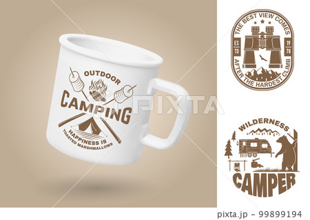 White camping cup. Realistic mug mockup template with sample design. Vector 3d illustration. Happy camper. Happiness is toasted marshmallows. Quotes about camping with tent, mountains, campfire 99899194