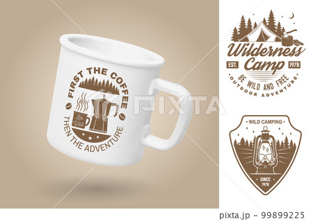 White camping cup. Realistic mug mockup template with sample design. Vector 3d illustration. First the coffee then the adventure. Summer camp. Quotes about camping with mountains, campfire, lantern 99899225