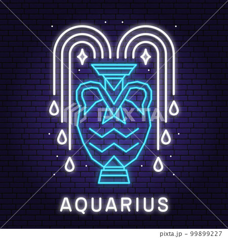 Zodiac astrology horoscope neon sign aquarius linear design. Vector illustration. Elegant line art neon symbol or icon of aquarius esoteric zodiacal horoscope templates promotion for logo or poster 99899227